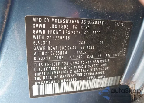 2017 Volkswagen Tiguan 2.0T S из США, поврежденный, VIN WVGAV7AX1HW503180